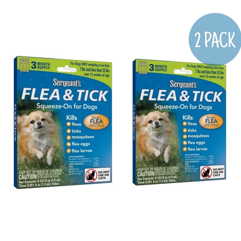 NEW Sergeant's Flea & Tick Squeeze On for Dogs 7-33 lbs 3 Month Supply × 2 Pack